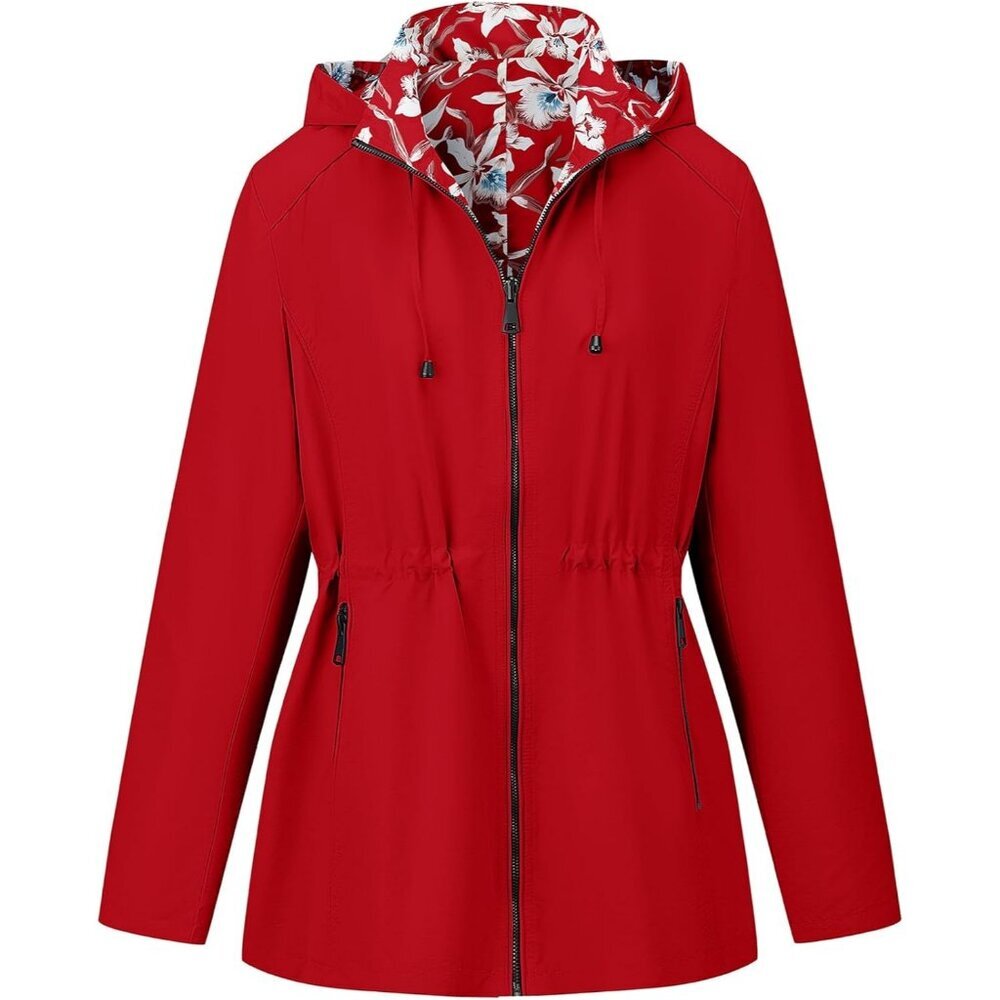 Women's Windbreaker Lightweight Casual D-Red Floral Print Hood Jacket Coat